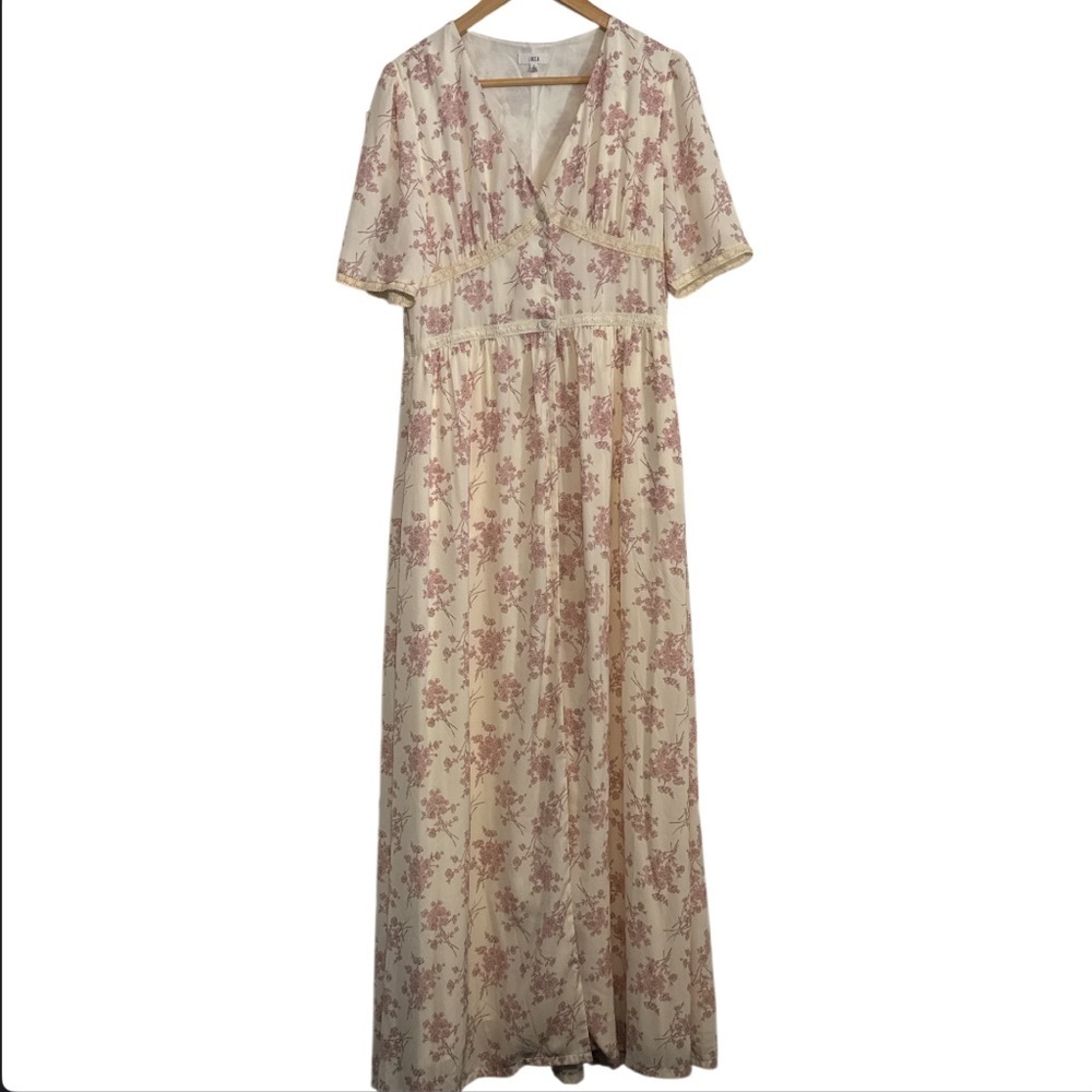 Lucca Vintage Floral Cream & Pink Button Front Maxi Dress Size Medium